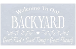 A rectangular aluminum wall sign with the words 'Welcome To Our Backyard' at the top. Below, 'Good Food, Good Times, Good Friends' is arranged with a decorative heart in the center. The sign has a brushed metal finish, suitable for outdoor use.